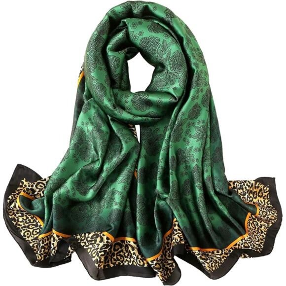 Silk Feeling Long Scarf Green Leopard - Picture 1 of 7